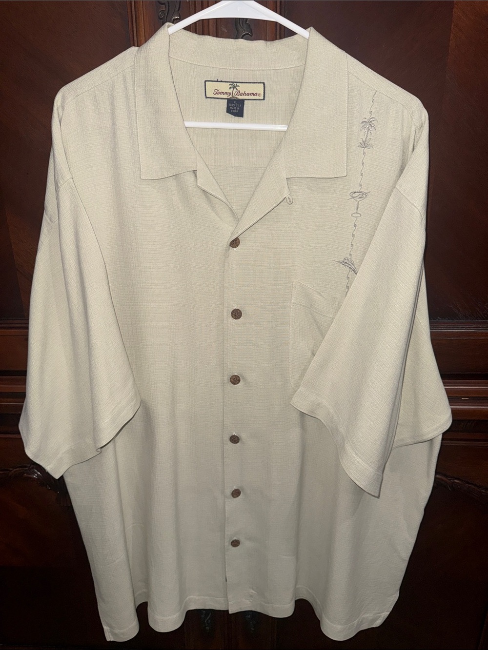 Men’s Tommy Bahama Beige Short-Sleeve Camp Shirt with Embroidery 100% Silk XL